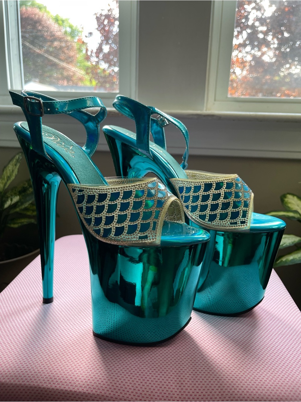 Pleaser Flamingo-809MMRS Turquoise Mermaid Chrome Platform Sandals 8" Heel